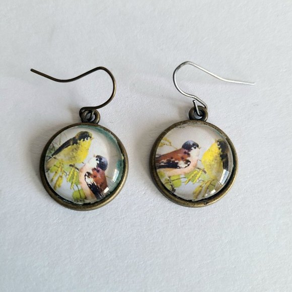 birds earrings Jewelry - Brass round earrings with pictures of birds.